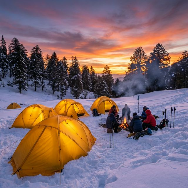 Camping on snow under sunset